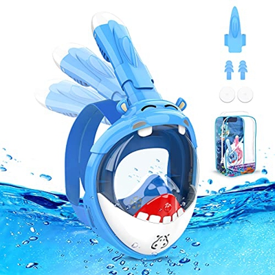 Mixtric Mascara Buceo Niño, Diseño de Hipopótamo 180°Mascara Snorkel de Cara Completa Panorámica, Snorkel Niño de Anti-vaho y Anti-Fugas Plegable, Mas