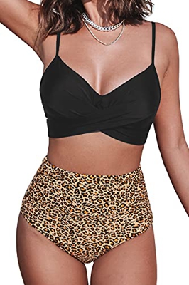 CUPSHE Bikini para Mujer Leopardo de Cintura Alta Push Up Self Tie Traje de Bañode de Dos Piezas, L