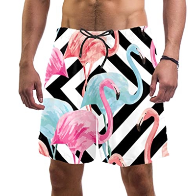 DHWWXDL Pantalones Cortos de baño Rosa Azul Flamenco bañadores de Secado rápido Pantalones Cortos Estampados Traje de baño con cordón para Playa Tabla