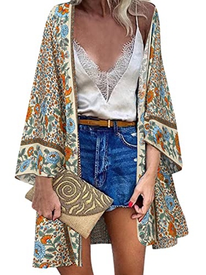 ZANZEA Mujer Gasa Cárdigan Floral Kaftan Playa Kimono Pareos Bohemia Suelto Verano Cover Up Blusa Homewear Tops Flor Albaricoque S