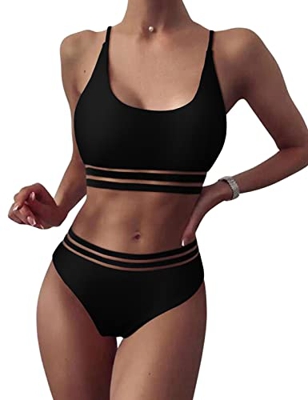heekpek Bikinis Mujer Sexy Bikini Brasileño Malla Rayas Conjunto Bikini Mujer U Escote Bandeau Bañador Ropa de Playa Traje de Baño Bikini Sets, Negro,
