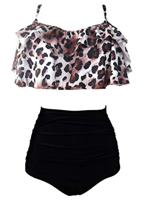 AOQUSSQOA Mujer Traje de baño con Volantes para Mujer Cintura Alta Dividida Bikini natación Esencial (LeopardPur, XS)