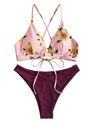 ZAFUL Conjunto de Bikini con Relleno Push Up Triangular Busto Ajustable con Tirantes Cruzados Traseros Estampado Talle Bajo (Margarita-Morado, M) características