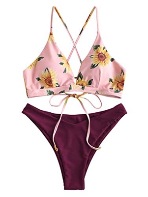 ZAFUL Conjunto de Bikini con Relleno Push Up Triangular Busto Ajustable con Tirantes Cruzados Traseros Estampado Talle Bajo (Margarita-Morado, M)