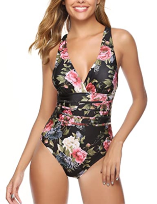 Fipput Bañadores Mujer Sexy Cuello en V Traje de Baño Mujer de Una Pieza con Cruzados Espalda Monokini Mujer Elegante Ropa de Baño Mujer de Playa,Flor