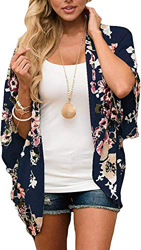 JFAN Mujer Chal Flojo Cárdigan Kimono Florales Caftán de Playa Blusa de Gasa Boho con Estampado Floral Ahumado Blusa Floral Suelta Casual(Azul Marino  en oferta
