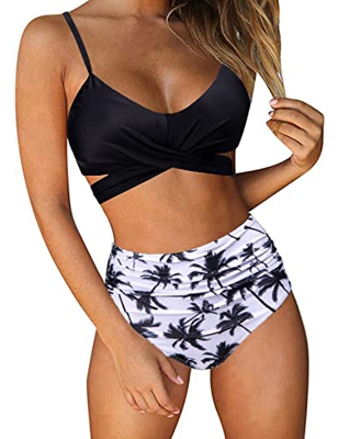 UMIPUBO Bikinis Mujer Push up,Cintura Alta Traje de Baño de Dos Piezas Acolchado Bra Tops Conjunto de Bikini de Playa Tops y Braguitas Divididos (Negr
