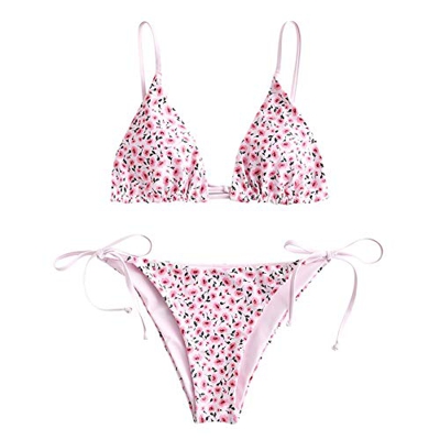 ZAFUL Bikini acolchado para mujer, de un solo color, con triángulo, con tirantes finos., rosa-1, M
