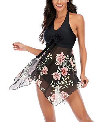 Aidotop Mujer Tankini de Dos Piezas Halterneck Dobladillo Asimétrico Estampado Floral Bañador Sexy Elegante Deportivo Bikini(Pinkfloral,3XL)