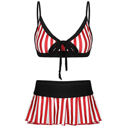 YQHWLKJ Conjunto de lencería para Mujer Bikini a Rayas Traje de baño Femme Ropa de Playa Sujetador en V Profundo Top con Minifalda Plisada-Rojo Blanco precio