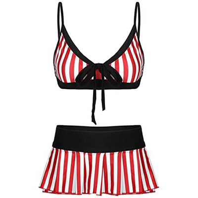 YQHWLKJ Conjunto de lencería para Mujer Bikini a Rayas Traje de baño Femme Ropa de Playa Sujetador en V Profundo Top con Minifalda Plisada-Rojo Blanco