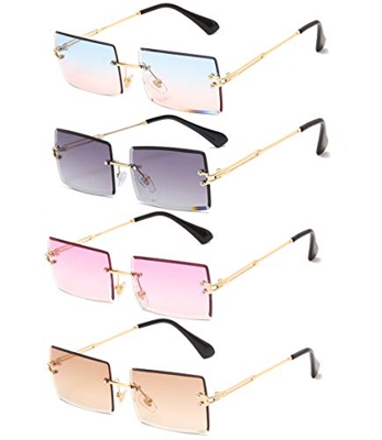 Long Keeper Gafas de sol rectangulares sin montura UV400 Gafas cuadradas sin marco de moda antideslumbrante para mujer (Polvo azul dorado+Gris degrada
