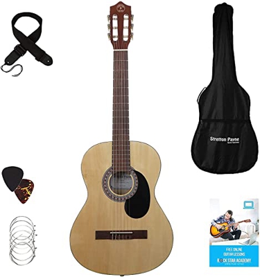 Guitarra clásica Stretton Payne de tamaño completo 4/4 (99 cm), paquete de guitarra acústica clásica de estilo español con cuerdas de nailon Paquete d