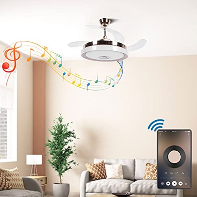 Ventilador de Techo con Luz Y Mando a Distancia Ventilador con Luz de Techo Plafón de 36W con Función Musical, 4 Aspas Retráctiles, 3 Cambios de Color