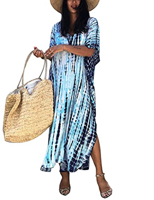 QUNERY Vestido de Playa Mujer Pareos y Camisola Sexy Traje de Baño Bohemio Floral Maxi Túnica Pareo Bikini Cover Up Azul Claro Talla única