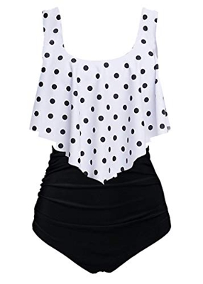 Aidotop Bañador para Mujer Top con Volantes Cintura Alta Traje de baño Trajes de baño de Dos Piezas Bikini Sets(12white Point, 14-16(L))
