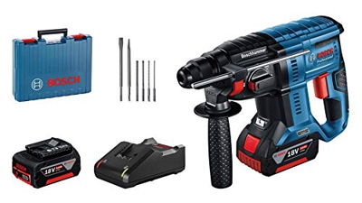 Bosch Professional 18V System Martillo perforador a batería GBH 18V-21 (incl. 2 baterías GBA 18V 5,0 Ah + cargador GAL 18V-40, juego de brocas y cince