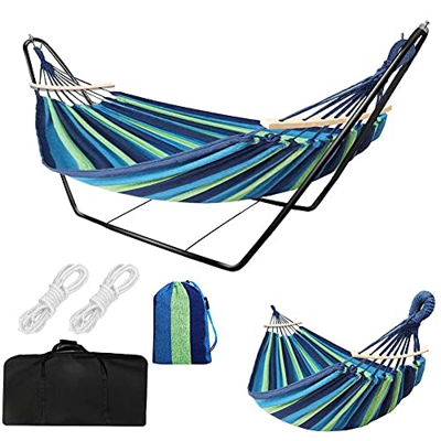 Hamaca doble de algodón con soporte de acero para ahorrar espacio, hamaca de jardín para niños y adultos, viajes, senderismo, camping, playa, portátil