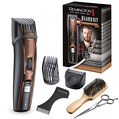 Remington Beard Kit MB4048 - Recortadora de barba, barbero, cuchillas de titanio, 5 accesorios, con o sin cable, color negro y marrón