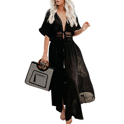Vestido de Playa Mujer,Largo Kaftan Pareos Traje Baño Cubrir Cárdigan Suelto Verano Frente Abierto Bikini Cover up Camisola Beachwear (Negro, Talla ún en oferta