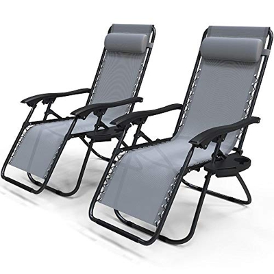 VOUNOT Gris Tumbona reclinable de textilene con portavasos y portátil, Color, Lienzo, Metal, Lot de 2