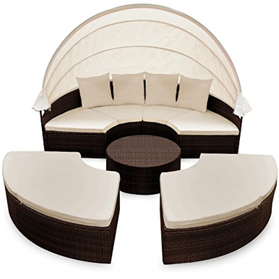 CASARIA Tumbona Cama Isla 230cm con Techo Plegable Cojines Asientos sofá Doble Redonda XXL Poliratán jardín terraza Patio