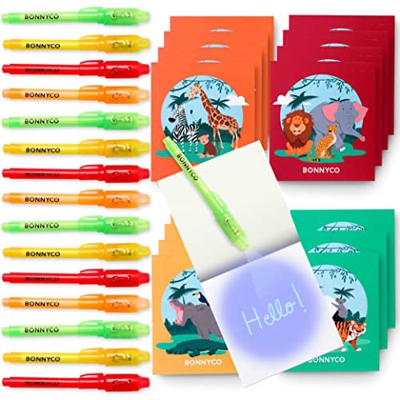 BONNYCO Bolígrafo Tinta Invisible y Libreta Animales de la Selva Pack x16 Detalles Cumpleaños Niños, Regalos Cumpleaños Niños Colegio, Piñatas de Cump