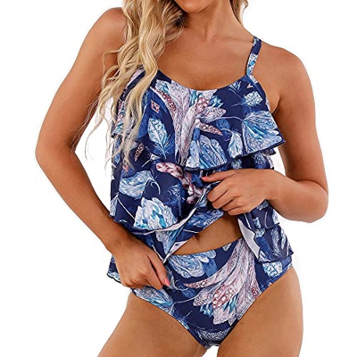 CMTOP Traje de Baño en Dos Piezas Sexy Mujer Bikini con Volantes Halter Top Relleno Cintura Alta Biquini Tallas Grandes