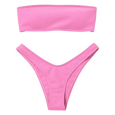 Yoofeiduoduo Bikini Set negro Push Up – Cintura en V de corte alto, bandeau, hombros descubiertos, push up, juego de bikini acanalado clásico brasileñ