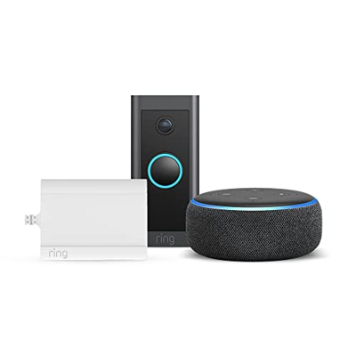 Ring Video Doorbell Wired + Adaptador de enchufe de Amazon + Amazon Echo Dot (3.ª generación) - Altavoz inteligente con Alexa | Vídeo HD, detección de