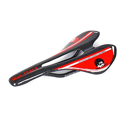 MH96_Italy Sillín de Bicicleta de Fibra de Carbono 3K, Asiento de Bicicleta de Carreras y MTB antipróstata, Super Ligero, 100 g +/-, Rojo