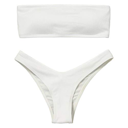 Voqeen Mujeres Sexy Bandeau Traje de baño Cuello Alto sin Tirantes Acanalado Cojín extraíble Conjunto de Bikini de Cintura Baja (Blanco, XL) precio