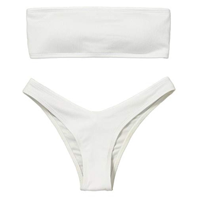 Voqeen Mujeres Sexy Bandeau Traje de baño Cuello Alto sin Tirantes Acanalado Cojín extraíble Conjunto de Bikini de Cintura Baja (Blanco, XL)