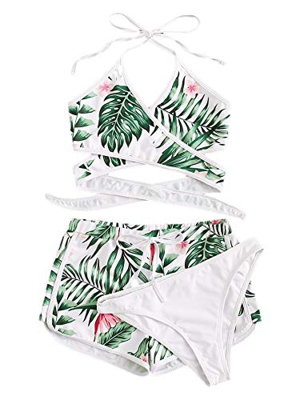 DIDK Bikini para mujer de 3 piezas con sujetador de cuello halter Diseño tropical #2. M