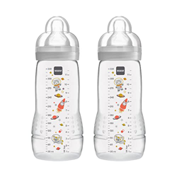 MAM Juego de 2 botellas Easy Active (330 ml), botella para bebé con tetina MAM tamaño 2 de silicona SkinSoft, botella de leche con forma ergonómica, 4 en oferta