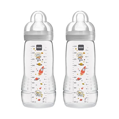 MAM Juego de 2 botellas Easy Active (330 ml), botella para bebé con tetina MAM tamaño 2 de silicona SkinSoft, botella de leche con forma ergonómica, 4