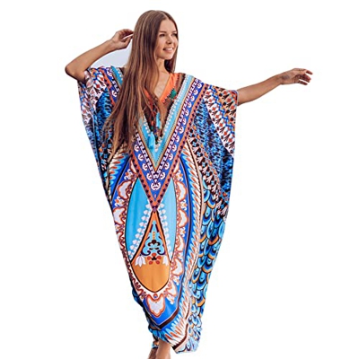 Lazz1on Mujer Kaftan Largo Vestido de Playa Maxi Verano Pareos Bohemio Bikini Cover Up