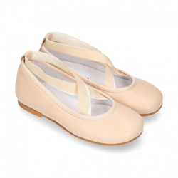 Bailarina Niña Tipo Ballet Con Cintas Cruzadas Elásticas En Piel Napa Suave En Color Beige. 35 Beige precio