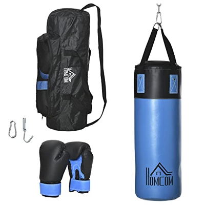 HOMCOM Saco de Boxeo Profesional Punching Bag con Guantes de 8 oz Gancho y Bolsa de Almacenaje Saco de Arena de Entrenamiento para Adultos y Adolescen