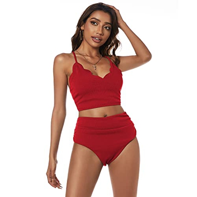 ZAFUL Bikini de cintura alta para mujer, diseño floral, con encaje rojo-1 M