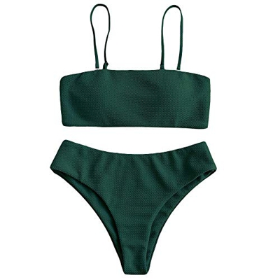 ZAFUL Bikini para mujer con textura tipo bandeau, traje de baño acolchado de corte alto, verde, M