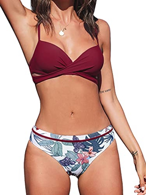 CUPSHE Conjunto de Bikini para Mujer Estampado Floral Twist Front Traje de Baño de Dos Piezas, L