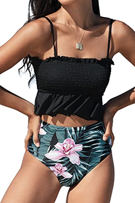 CUPSHE Conjunto de Bikini Bandeau Fruncido Cintura Alta Traje de Baño de Dos Pieza (Negro Hojas, Large)