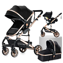 Sillas de paseo 3 en 1 Cochecito de bebé Cochecito de bebé reclinable Cochecito de bebé plegable Cuna de bebé Cochecito de recién nacido (oro negro) en oferta