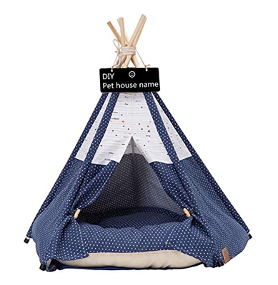 Scnbom Tienda de campaña Mascotas Perros Gatos Casas Tipi Colchón Cama para Pets Teepee Dog extraíble y Lavable (M:50X50X60CM,Punto Azul)