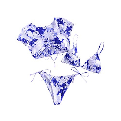 ZAFUL Mujer Bikini Conjunto, Copa Triangular de Encaje con Estampado Tie Dye + Chaleco Superior de Tres Piezas Cintura Baja Shorts (Azul, L)