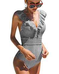 heekpek Conjuntos de Bikinis Traje De Baño Rayas de Una Pieza Bañador para Mujer Push Up Bikini Volante Fruncido V para Saco Tanga De Cintura Baja Ade características