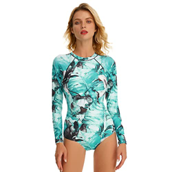Beachkini Traje de baño para Mujer con protección Solar, Traje de baño de Manga Larga, Ropa de Surf de una Pieza con Cremallera,Hojas Verdes,S características