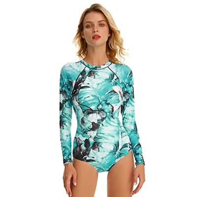 Beachkini Traje de baño para Mujer con protección Solar, Traje de baño de Manga Larga, Ropa de Surf de una Pieza con Cremallera,Hojas Verdes,S