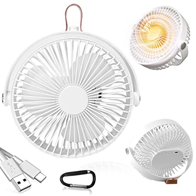Yeelan Ventilador de camping, ventilador de escritorio con luz LED, recargable con gancho y tornillo de 1/4 pulg,Ventilador de mano USB, ventiladores 